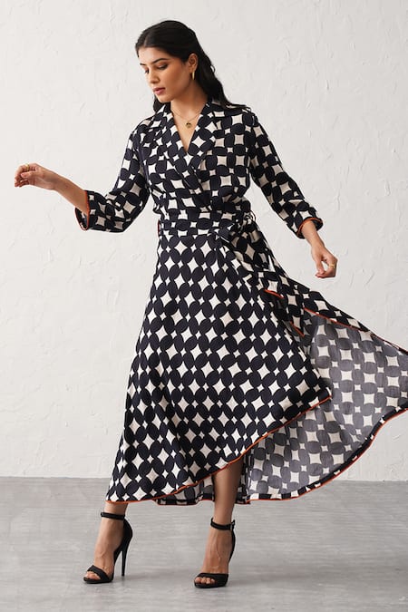 Shop_Seven_Black Collared Polka Dot Printed Wrap Dress _Online_at_Aza_Fashions