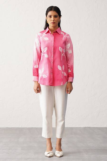 Seven_Pink Cotton Poplin Printed Leaf Collared Faded Shirt _Online_at_Aza_Fashions