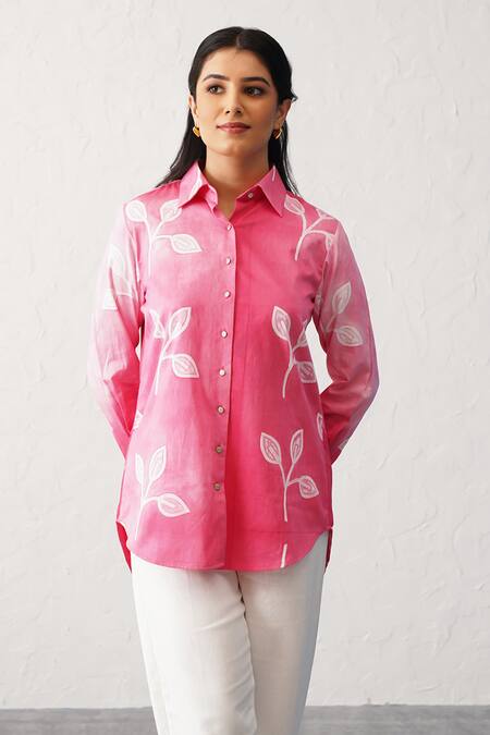 Buy_Seven_Pink Cotton Poplin Printed Leaf Collared Faded Shirt _Online_at_Aza_Fashions