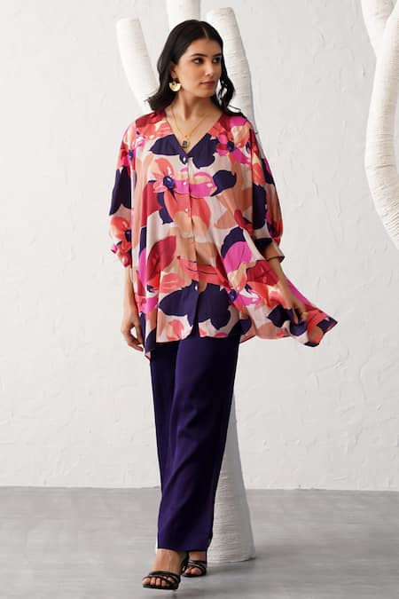 Seven Multi Color Bemberg Sateen Printed Floral V Neck Monet Tunic And Pant Co-ord Set 