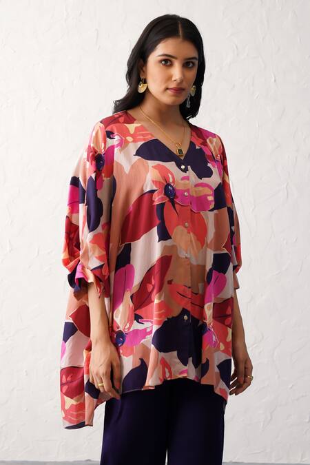 Buy Seven Multi Color Bamboo V-neck Monet Printed Tunic And Pant Co-ord Set Buy_Seven_Multi Color Bamboo V-neck Monet Printed Tunic And Pant Co-ord Set