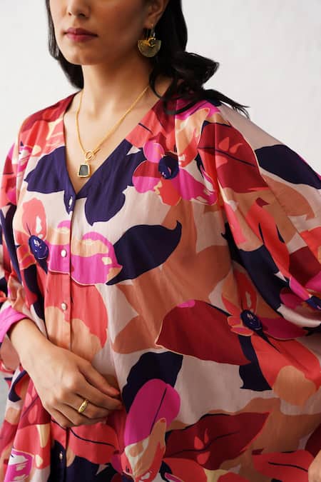 Shop Seven Multi Color Bamboo V-neck Monet Printed Tunic And Pant Co-ord Set Shop_Seven_Multi Color Bamboo V-neck Monet Printed Tunic And Pant Co-ord Set