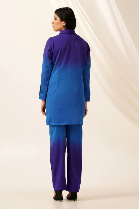 Shop Seven Blue Collared Ombre Tunic And Pant Set at Aza Fashions Shop_Seven_Blue Collared Ombre Tunic And Pant Set_at_Aza_Fashions