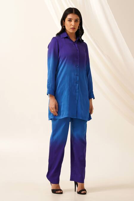 Seven Blue Collared Ombre Tunic And Pant Set Online at Aza Fashions Seven_Blue Collared Ombre Tunic And Pant Set_Online_at_Aza_Fashions