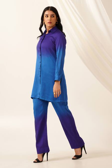 Shop Seven Blue Collared Ombre Tunic And Pant Set Online at Aza Fashions Shop_Seven_Blue Collared Ombre Tunic And Pant Set_Online_at_Aza_Fashions