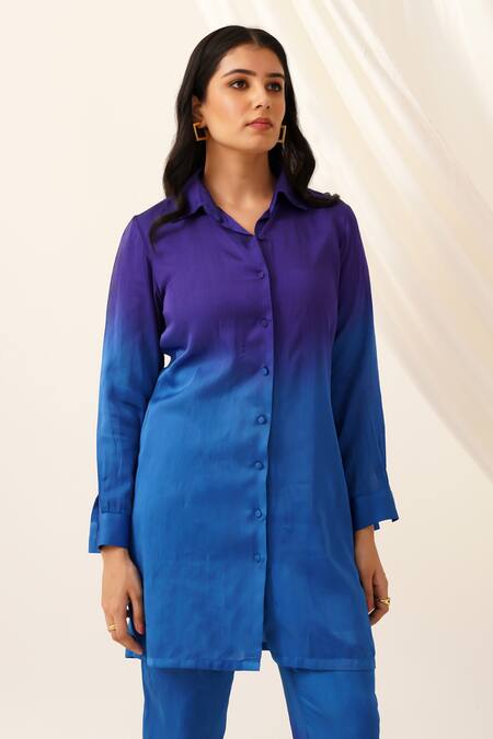 Seven Blue Collared Ombre Tunic And Pant Set at Aza Fashions Seven_Blue Collared Ombre Tunic And Pant Set_at_Aza_Fashions