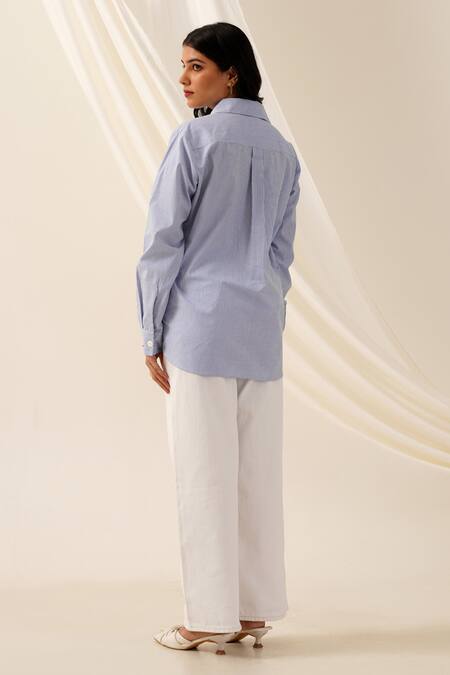 Shop Seven Blue Cotton Stones Collared Stripe Pattern Shirt at Aza Fashions Shop_Seven_Blue Cotton Stones Collared Stripe Pattern Shirt_at_Aza_Fashions