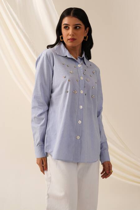 Seven Blue Cotton Stones Collared Stripe Pattern Shirt Online at Aza Fashions Seven_Blue Cotton Stones Collared Stripe Pattern Shirt_Online_at_Aza_Fashions