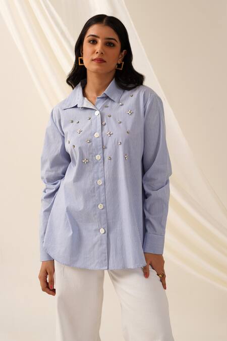 Buy Seven Blue Cotton Stones Collared Stripe Pattern Shirt Online at Aza Fashions Buy_Seven_Blue Cotton Stones Collared Stripe Pattern Shirt_Online_at_Aza_Fashions