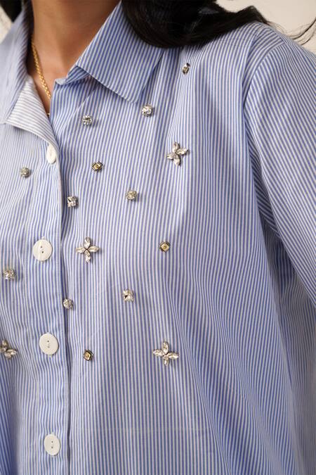 Shop Seven Blue Cotton Stones Collared Stripe Pattern Shirt Online at Aza Fashions Shop_Seven_Blue Cotton Stones Collared Stripe Pattern Shirt_Online_at_Aza_Fashions