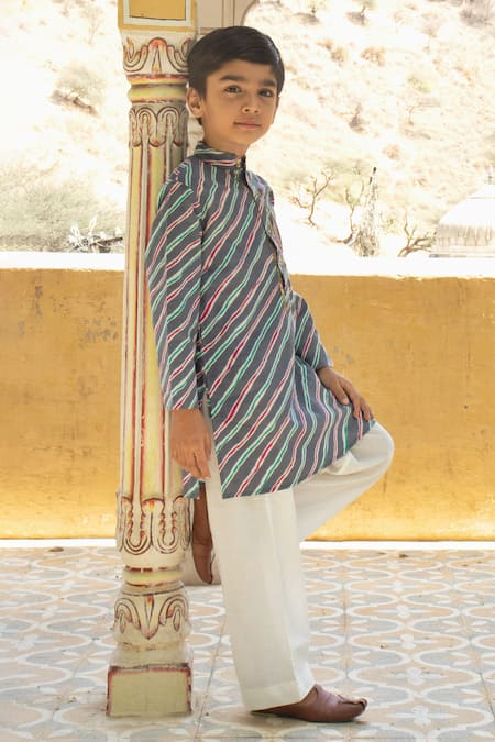 Shop_Laadlo_Blue Indian Cotton Print Leheriya Aparajit Handblock Kurta With Pant_Online_at_Aza_Fashions
