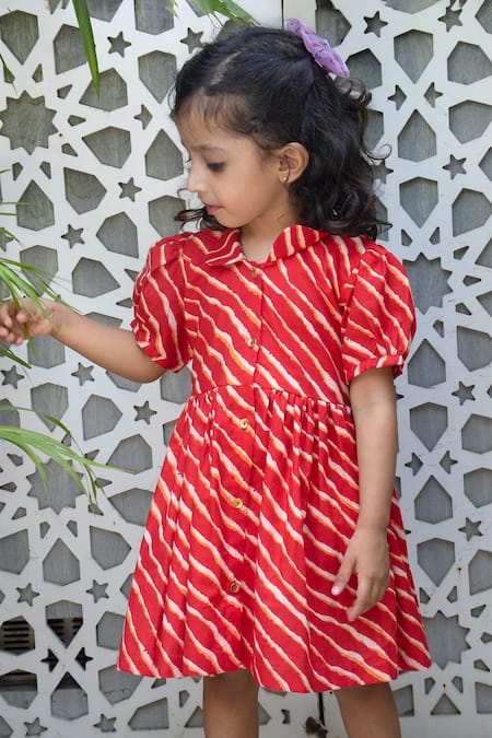 Laadlo_Red Indian Cotton Print Leheriya Gulab Dress_Online_at_Aza_Fashions