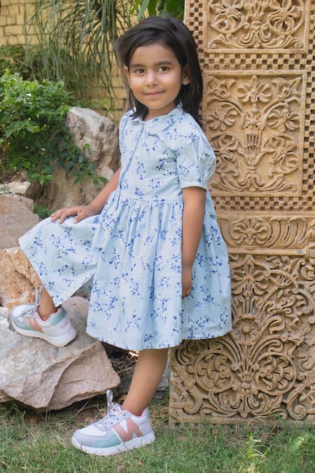 Laadlo_Blue Indian Cotton Print Bloom Dandelion Dress_Online_at_Aza_Fashions