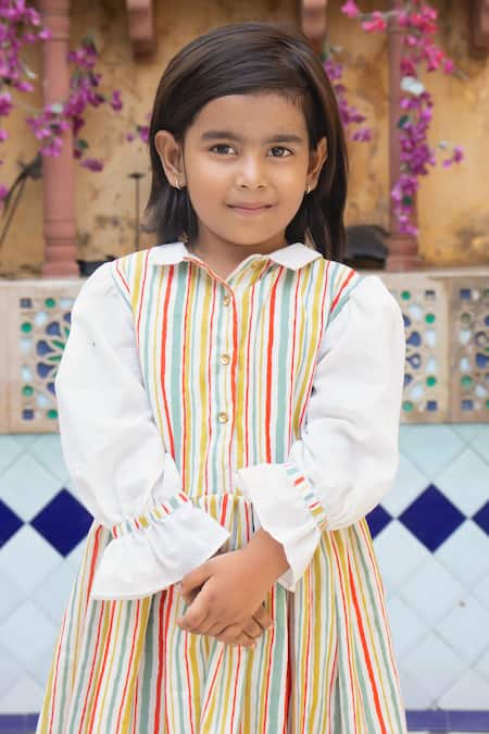 Laadlo_Multi Color Indian Cotton Print Striped Jasmine Layered Dress_Online_at_Aza_Fashions