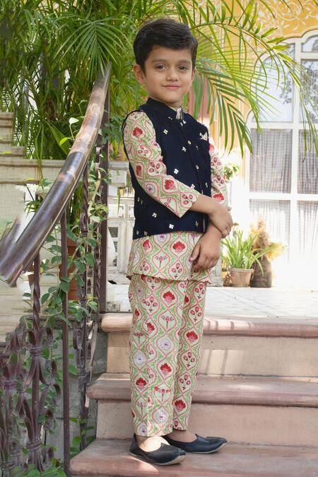 Shop_Laadlo_Blue Indian Cotton Embroidery Sequin Bloom Multi Color Bundi Kurta Set_Online_at_Aza_Fashions