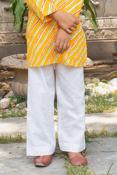 Laadlo_Yellow Indian Cotton Print Leheriya Balsam Kurta With Pant_Online_at_Aza_Fashions