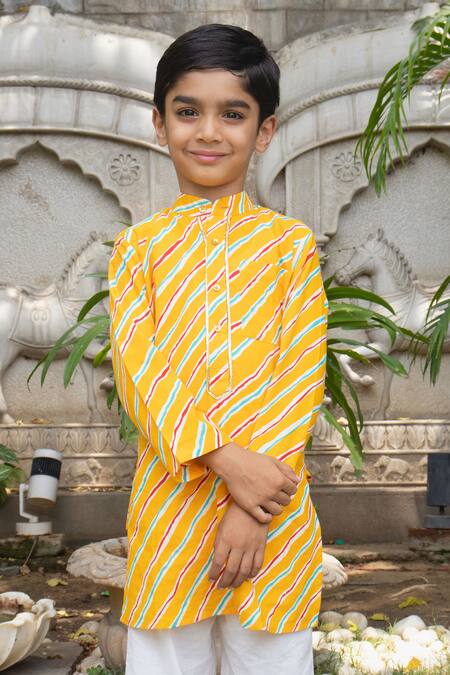 Buy_Laadlo_Yellow Indian Cotton Print Leheriya Balsam Kurta With Pant_Online_at_Aza_Fashions