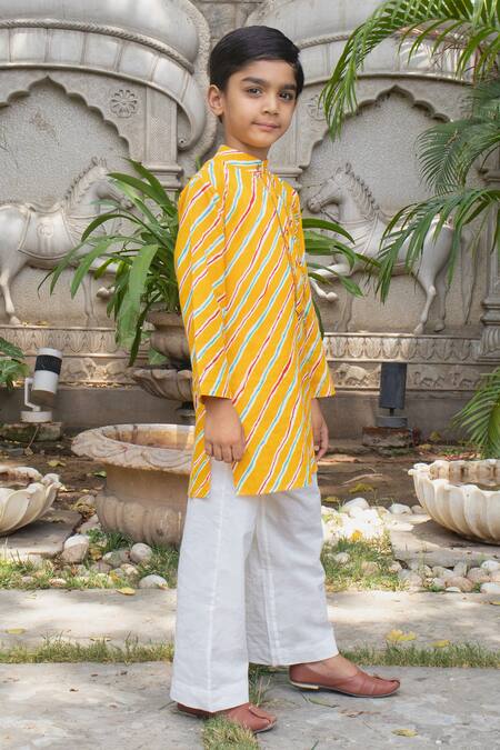 Shop_Laadlo_Yellow Indian Cotton Print Leheriya Balsam Kurta With Pant_Online_at_Aza_Fashions
