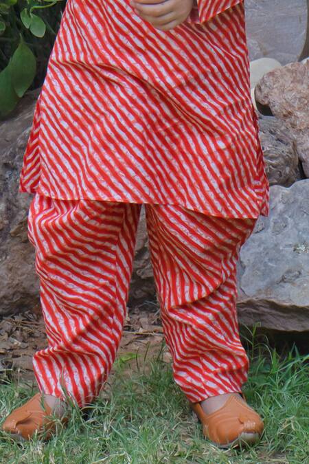Laadlo_Orange Indian Cotton Print Leheriya Striped Genda Kurta With Pant_Online_at_Aza_Fashions