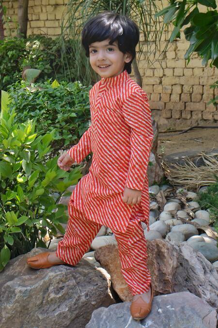 Shop_Laadlo_Orange Indian Cotton Print Leheriya Striped Genda Kurta With Pant_Online_at_Aza_Fashions