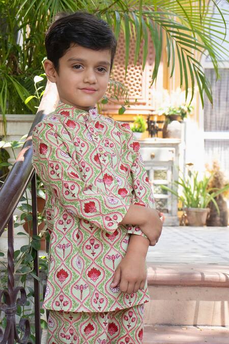 Shop_Laadlo_Green Indian Cotton Print Bahar Amaltaas Kurta With Pant_Online_at_Aza_Fashions