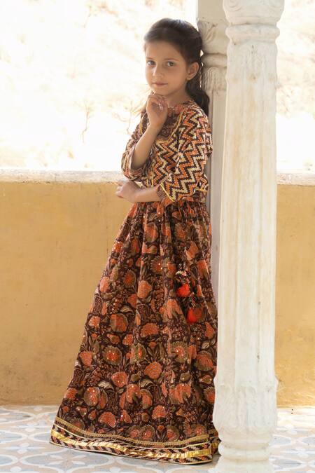 Buy_Laadlo_Brown Indian Cotton Print Wildbloom Nargis Lehenga With Blouse_Online_at_Aza_Fashions