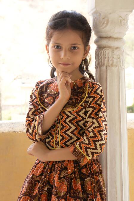 Shop_Laadlo_Brown Indian Cotton Print Wildbloom Nargis Lehenga With Blouse_Online_at_Aza_Fashions