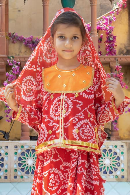 Shop_Laadlo_Red Print Raat Ki Rani Lehenga Set_Online_at_Aza_Fashions