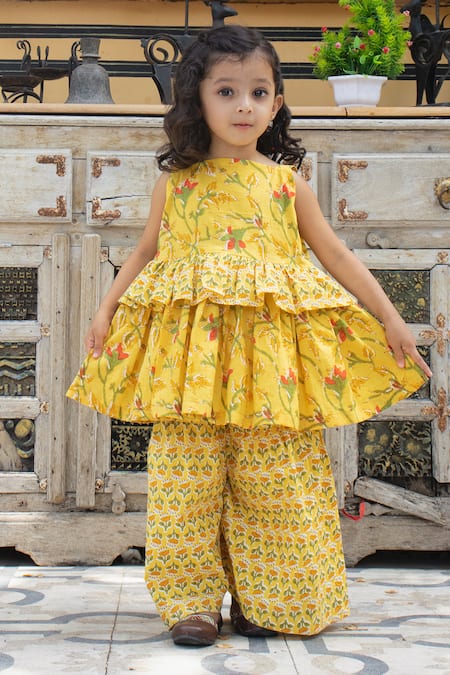 Laadlo Yellow Indian Cotton Print Sunflower Bloom Kurta With Sharara 