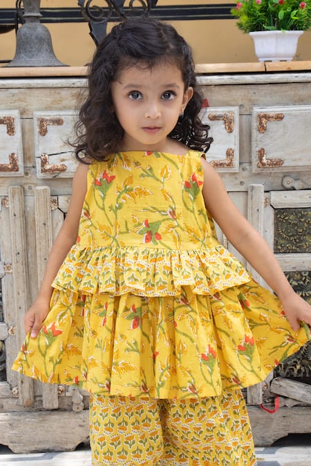 Laadlo_Yellow Cotton Sunflower Bloom Print Kurta With Sharara_Online_at_Aza_Fashions