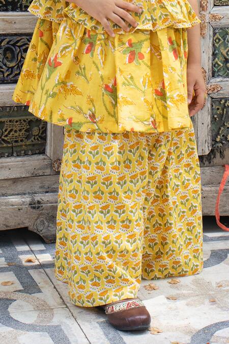 Buy_Laadlo_Yellow Cotton Sunflower Bloom Print Kurta With Sharara_Online_at_Aza_Fashions