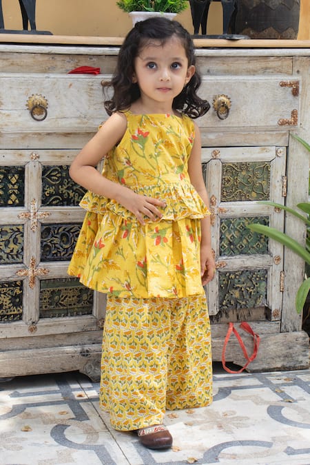 Shop_Laadlo_Yellow Cotton Sunflower Bloom Print Kurta With Sharara_Online_at_Aza_Fashions