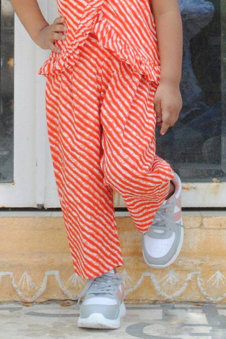 Laadlo_Orange Indian Cotton Print Leheriya Hibiscus Ruffled Hem Top With Pant_Online_at_Aza_Fashions