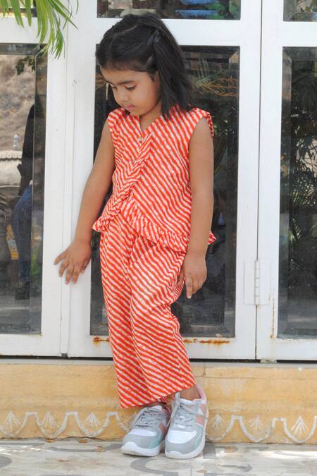Buy_Laadlo_Orange Indian Cotton Print Leheriya Hibiscus Ruffled Hem Top With Pant_Online_at_Aza_Fashions