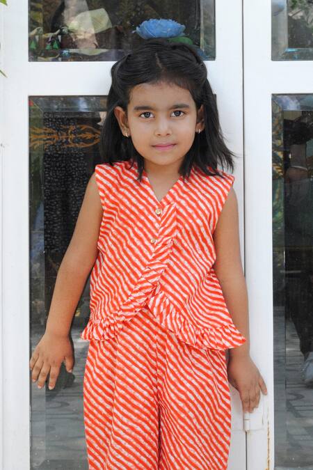 Shop_Laadlo_Orange Indian Cotton Print Leheriya Hibiscus Ruffled Hem Top With Pant_Online_at_Aza_Fashions