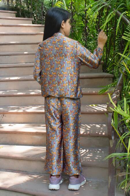 Shop_Laadlo_Grey Silk Satin Print Tiger Lily Bomber Jacket With Pant_at_Aza_Fashions