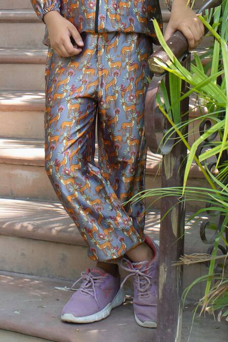 Laadlo Grey Silk Satin Print Tiger Lily Bomber Jacket With Pant Online at Aza Fashions Laadlo_Grey Silk Satin Print Tiger Lily Bomber Jacket With Pant_Online_at_Aza_Fashions