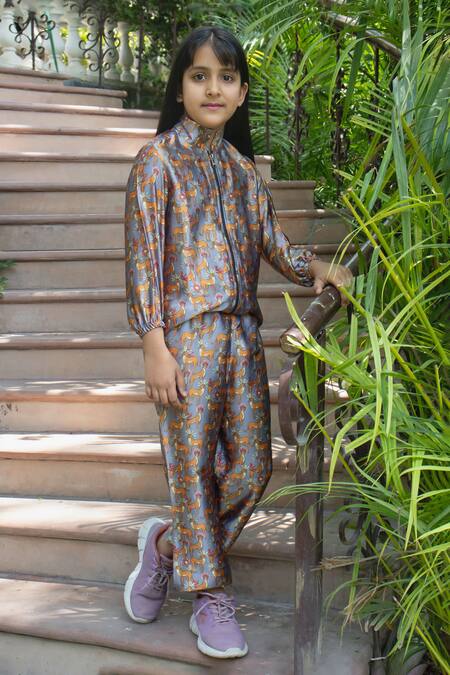 Buy_Laadlo_Grey Silk Satin Print Tiger Lily Bomber Jacket With Pant_Online_at_Aza_Fashions