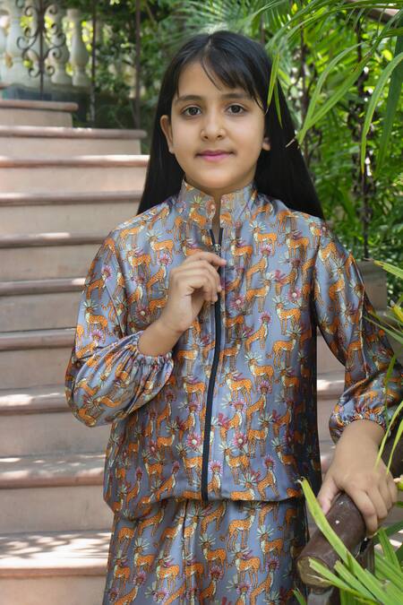 Shop_Laadlo_Grey Silk Satin Print Tiger Lily Bomber Jacket With Pant_Online_at_Aza_Fashions