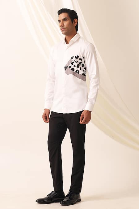 Seven_White Cotton Embroidery Laopard Face Patch Shirt_Online_at_Aza_Fashions