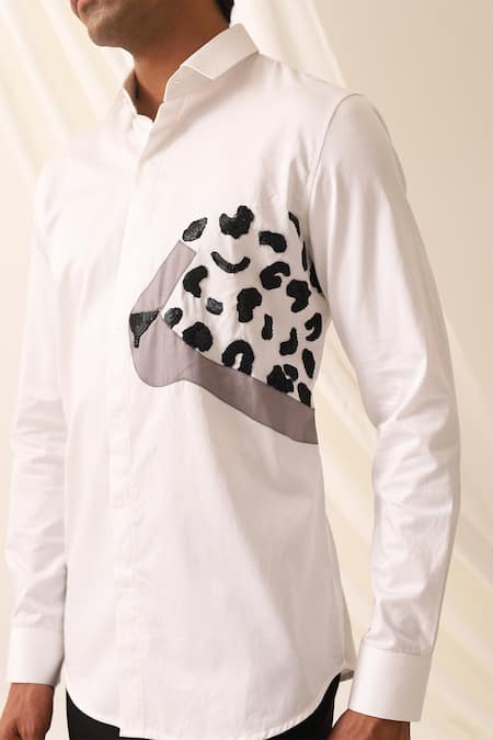 Buy_Seven_White Cotton Embroidery Laopard Face Patch Shirt_Online_at_Aza_Fashions