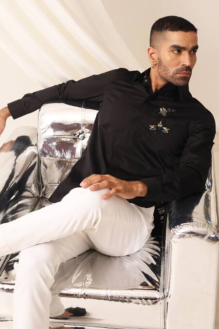 Seven_Black Cotton Embroidery Moth Motif Shirt_Online_at_Aza_Fashions