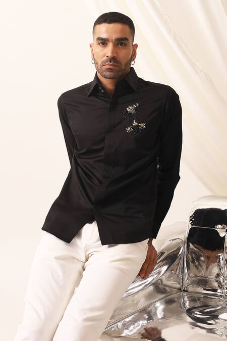 Buy_Seven_Black Cotton Embroidery Moth Motif Shirt_Online_at_Aza_Fashions