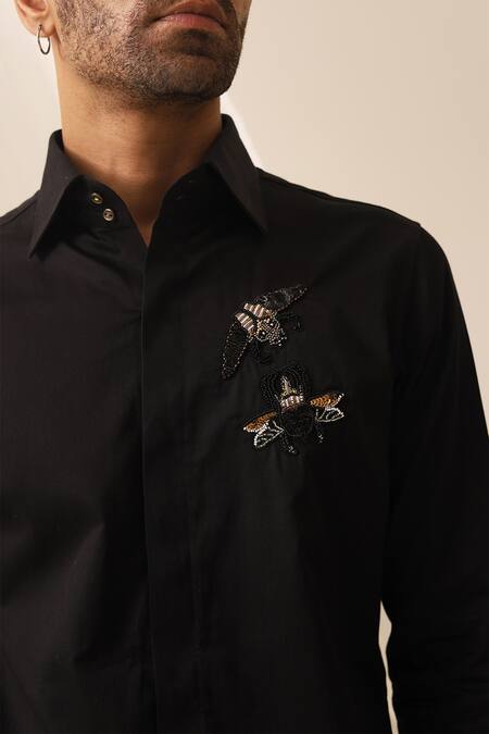 Shop_Seven_Black Cotton Embroidery Moth Motif Shirt_Online_at_Aza_Fashions