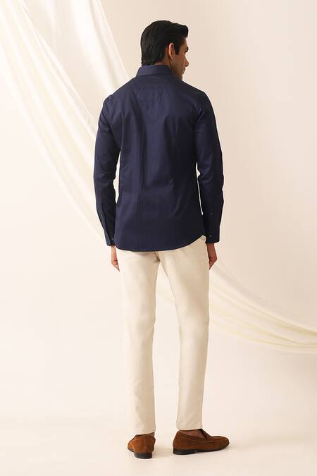 Shop Seven Blue Cotton Embroidery Robin Motif Shirt at Aza Fashions Shop_Seven_Blue Cotton Embroidery Robin Motif Shirt_at_Aza_Fashions