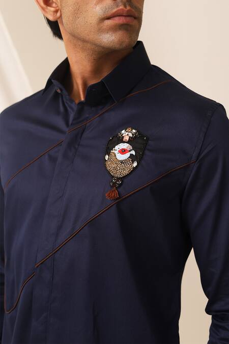 Seven Blue Cotton Embroidery Robin Motif Shirt Online at Aza Fashions Seven_Blue Cotton Embroidery Robin Motif Shirt_Online_at_Aza_Fashions