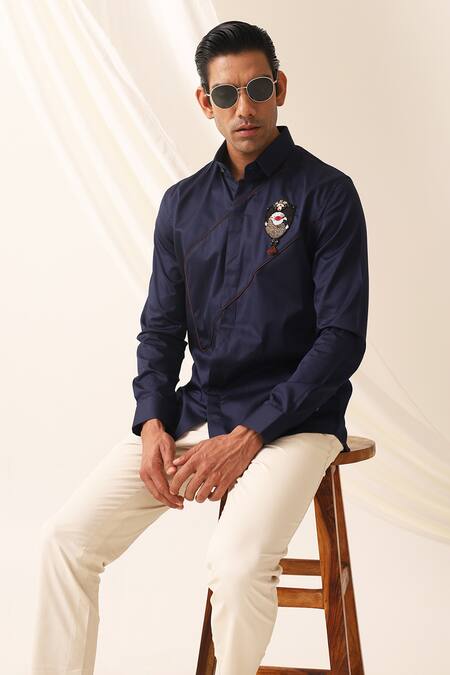Buy Seven Blue Cotton Embroidery Robin Motif Shirt Online at Aza Fashions Buy_Seven_Blue Cotton Embroidery Robin Motif Shirt_Online_at_Aza_Fashions