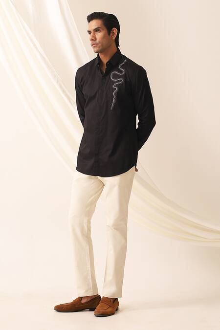 Shop_Seven_Black Cotton Embroidery Serpent Motif Shirt_at_Aza_Fashions