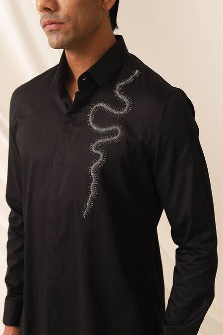 Seven_Black Cotton Embroidery Serpent Motif Shirt_Online_at_Aza_Fashions