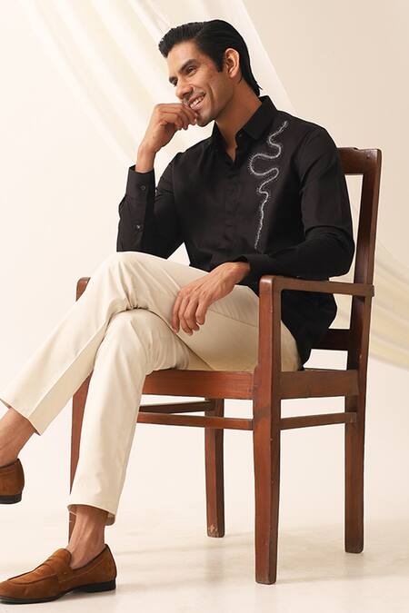 Buy_Seven_Black Cotton Embroidery Serpent Motif Shirt_Online_at_Aza_Fashions